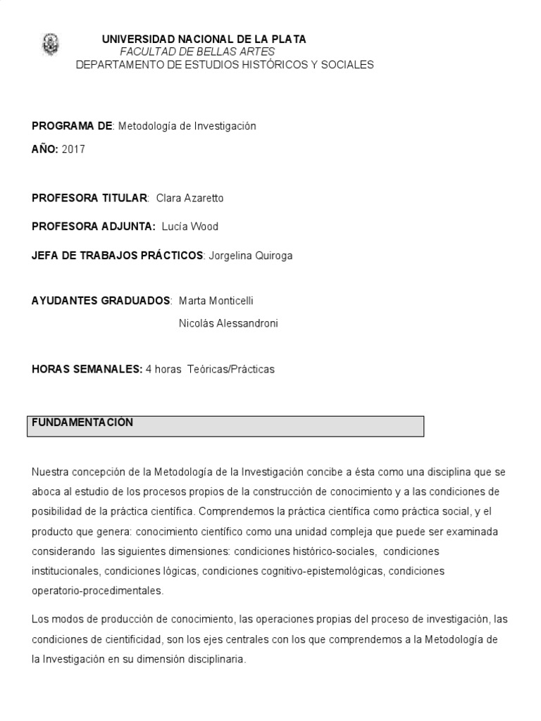 Programa 2017 Metodología de La Investigación FBAUNLP PDF