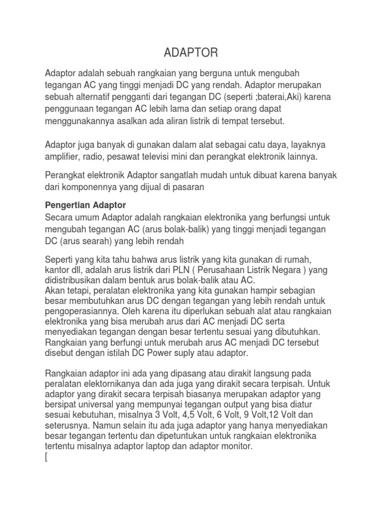 Pengertian dan Fungsi Adaptor Elektronik | PDF | Teknologi & Rekayasa