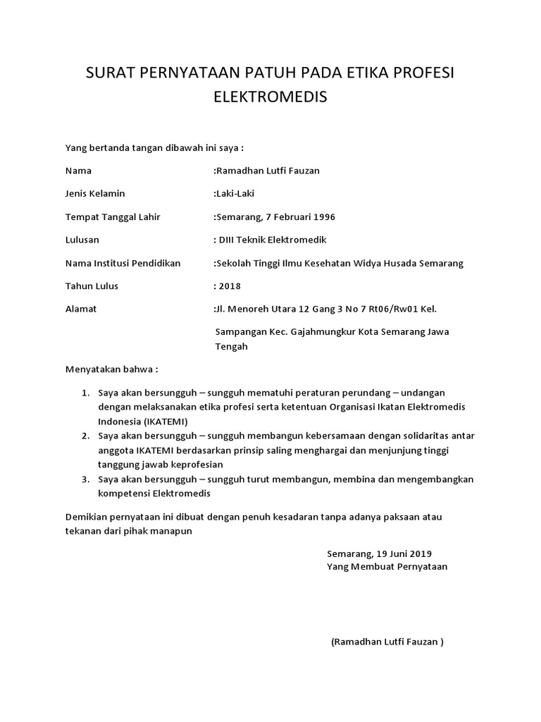 Surat Pernyataan Patuh Pada Etika Profesi Elektromedis | PDF