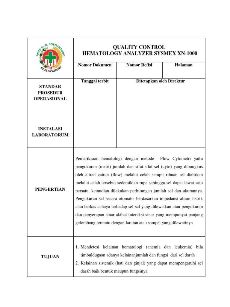 Kontrol Kualitas Analyzer Hematologi Sysmex | PDF