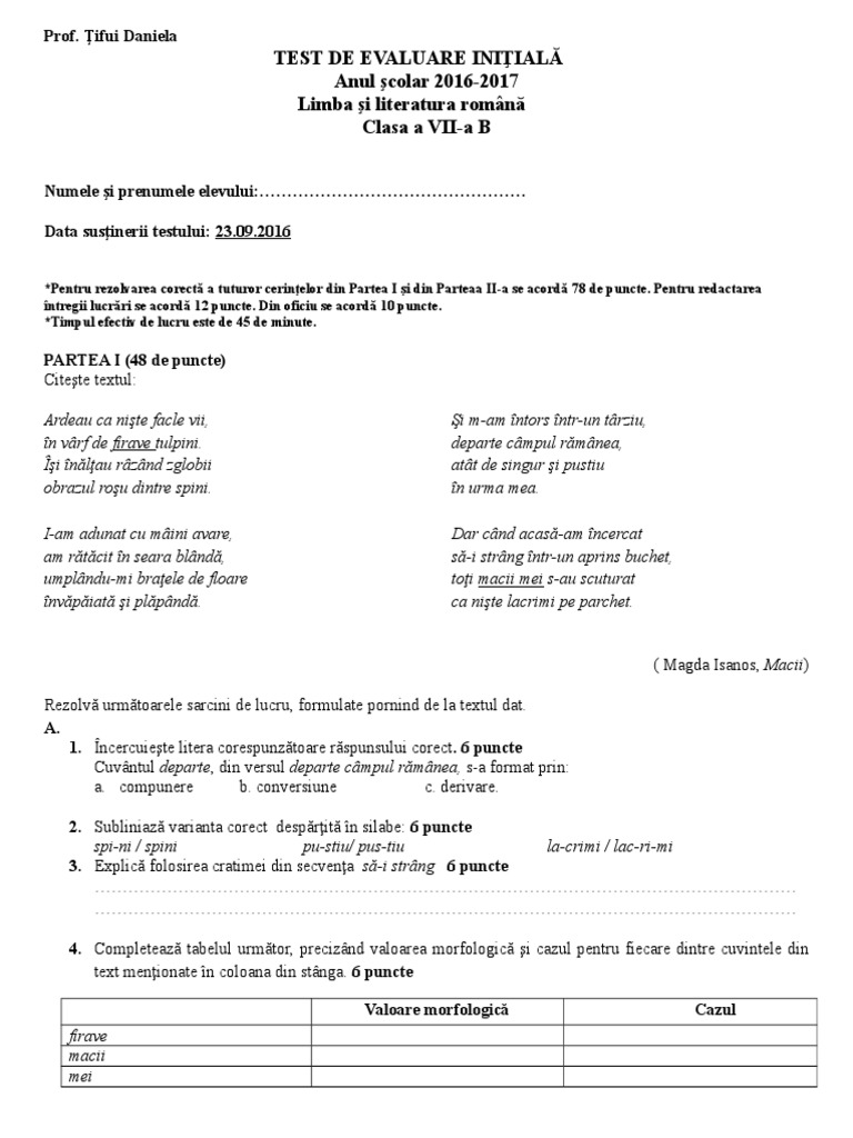 Test - Initial Clasa A-7-A B | PDF