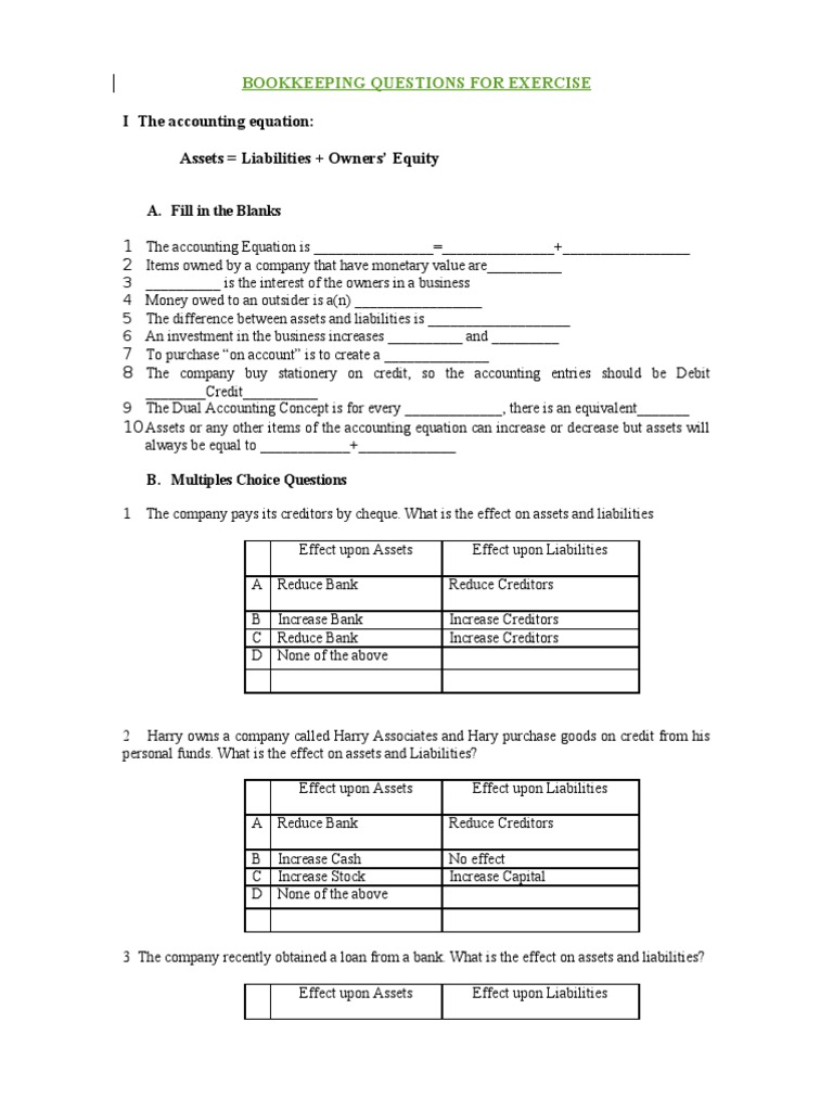 Bookkeeping Practice Questions and Exercises | PDF | Debits And Credits ...