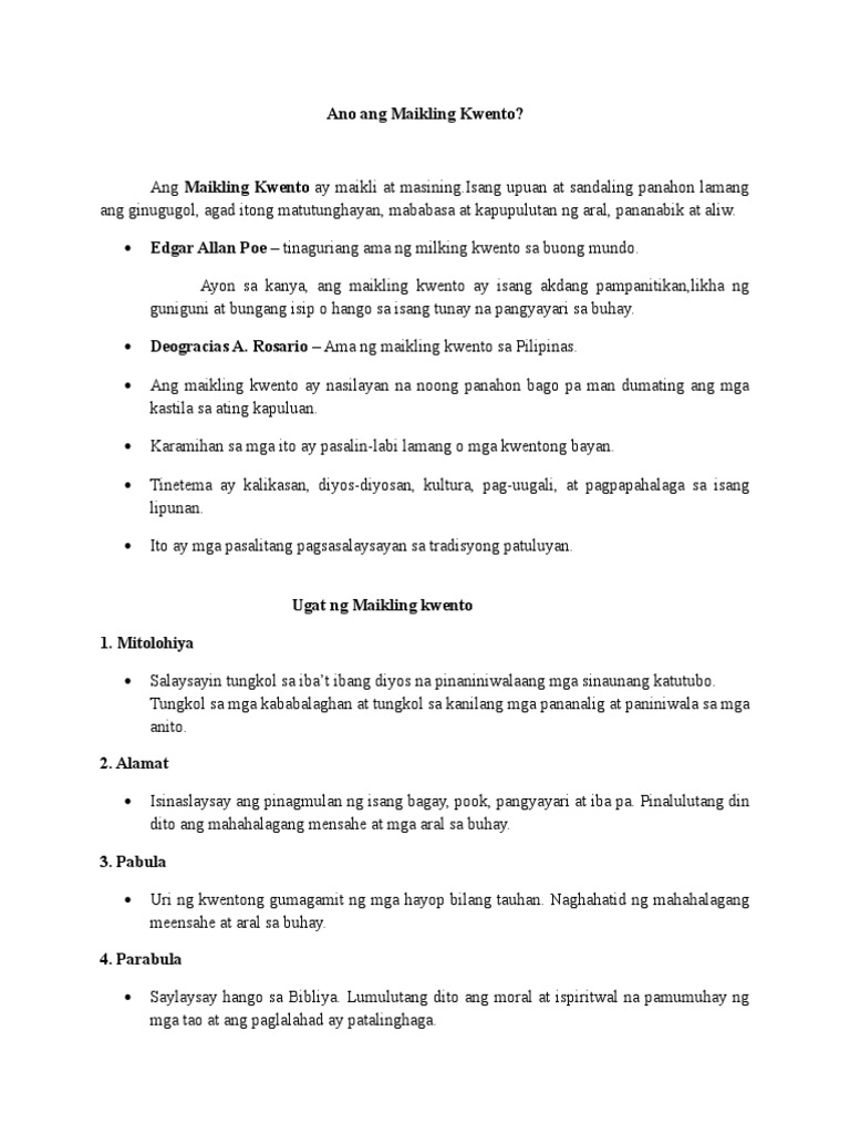 Maikling Kwento Na May Buod Tauhan At Aral