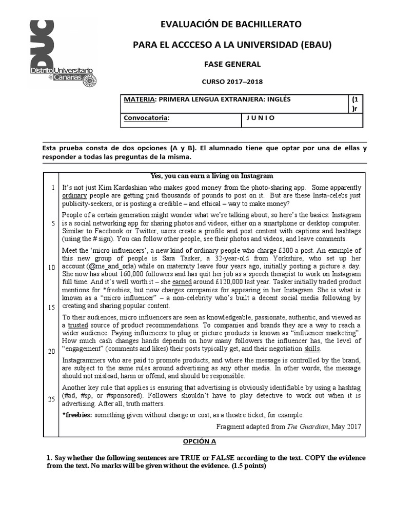 Examen Ingles Ebau Junio 2018 Pdf