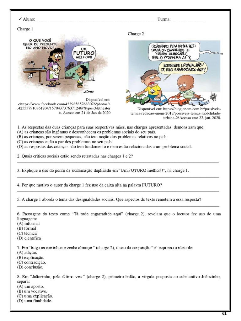Atividades de Interpretação de Charges 5º Ano | PDF