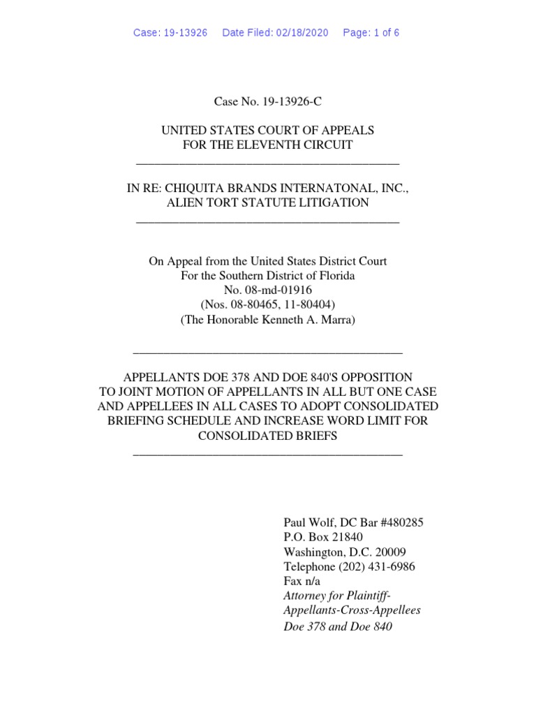 Chiquita Opposition To Motion To Consolidate Briefing PDF Brief