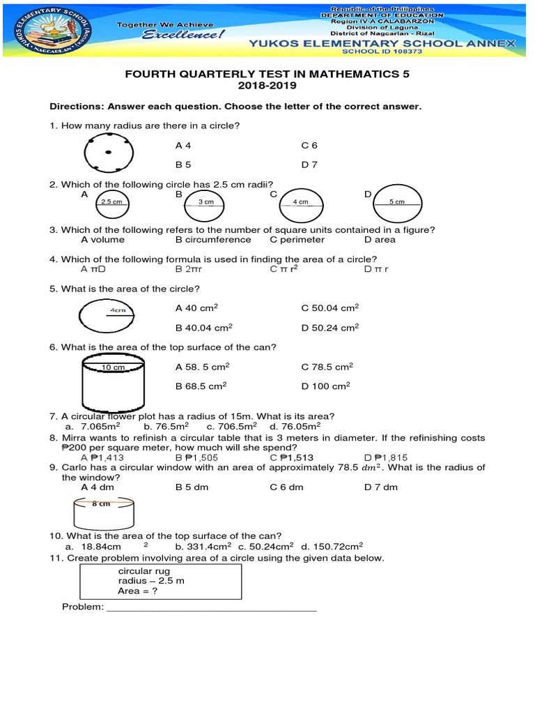 Mathematics 5 Quarterly Test 2018-2019 | PDF | Celsius | Area