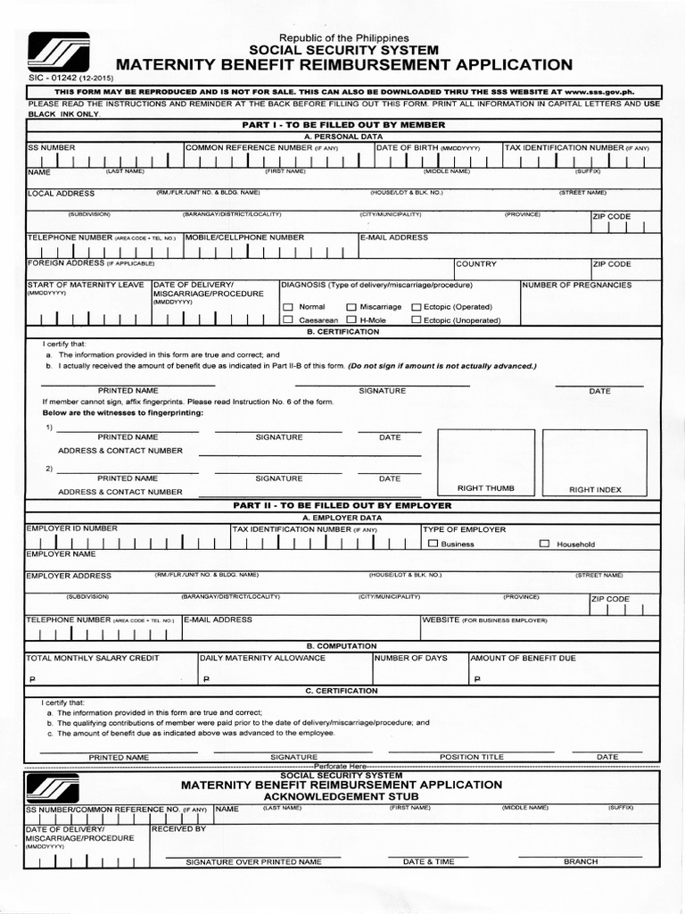 SIC 01242 MATERNITY BENEFIT REIMBURSEMENT APPLICATION Blank PDF PDF