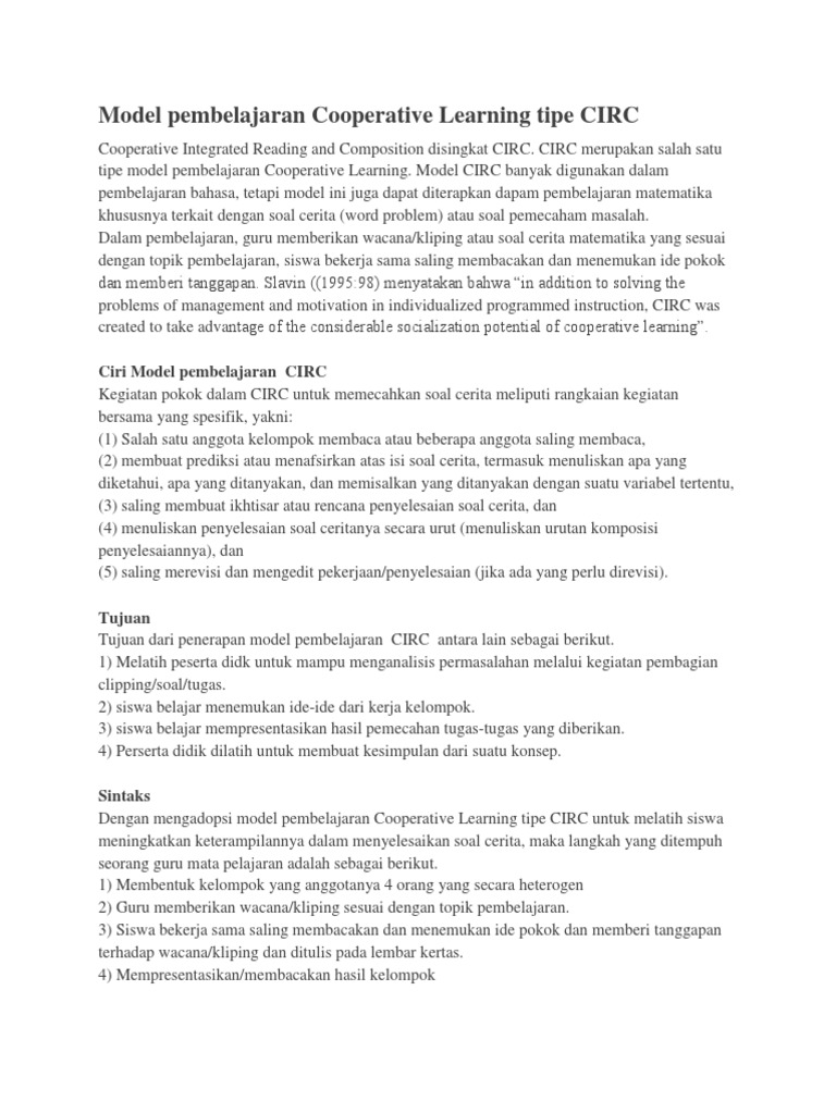 Model pembelajaran cooperative learning tipe circ pdf