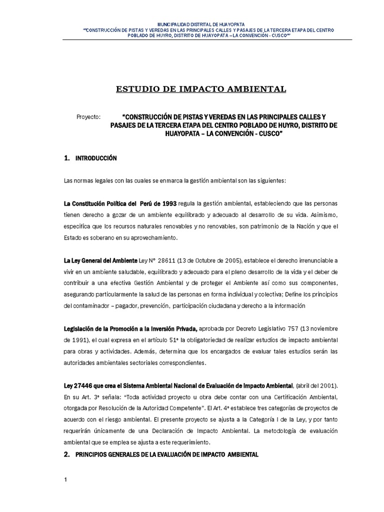 EIA para Construcción de Pistas en Huyro | PDF | Evaluación de impacto ...