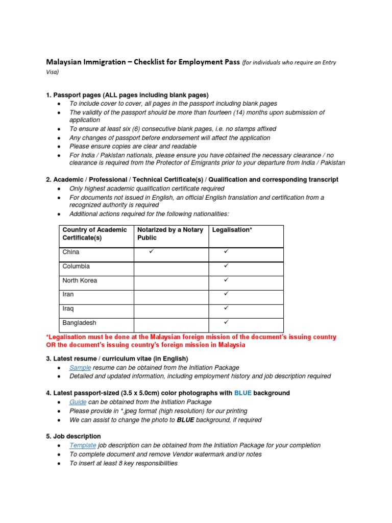 Employment Pass Application Checklist | PDF | Passport | Travel Visa