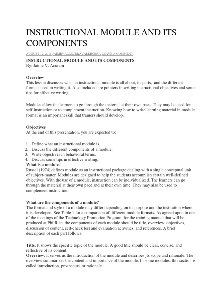 Components of an Instructional Module | PDF | Evaluation | Learning