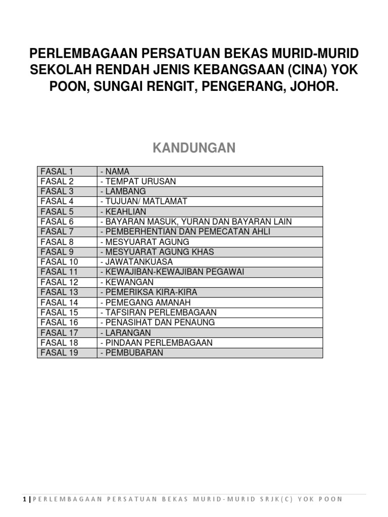 Perlembagaan Persatuan Bekas Murid Murid Srjk C Yok Poon Pdf