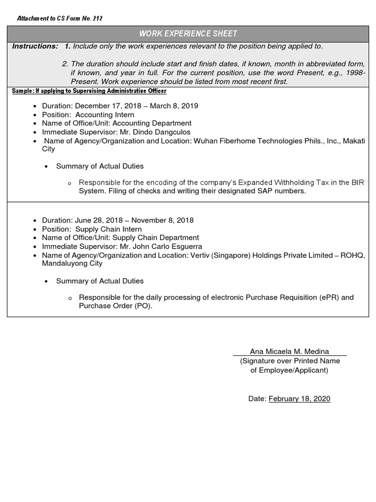 Work Experience Sheet CS Form No. 212 PDF