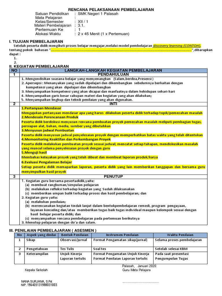 Format RPP Satu Lembar Model ProjectBased Learning PDF