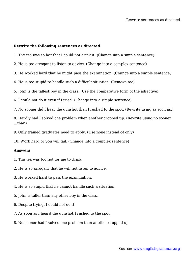 Sentence Rewriting Exercises with Answers | PDF