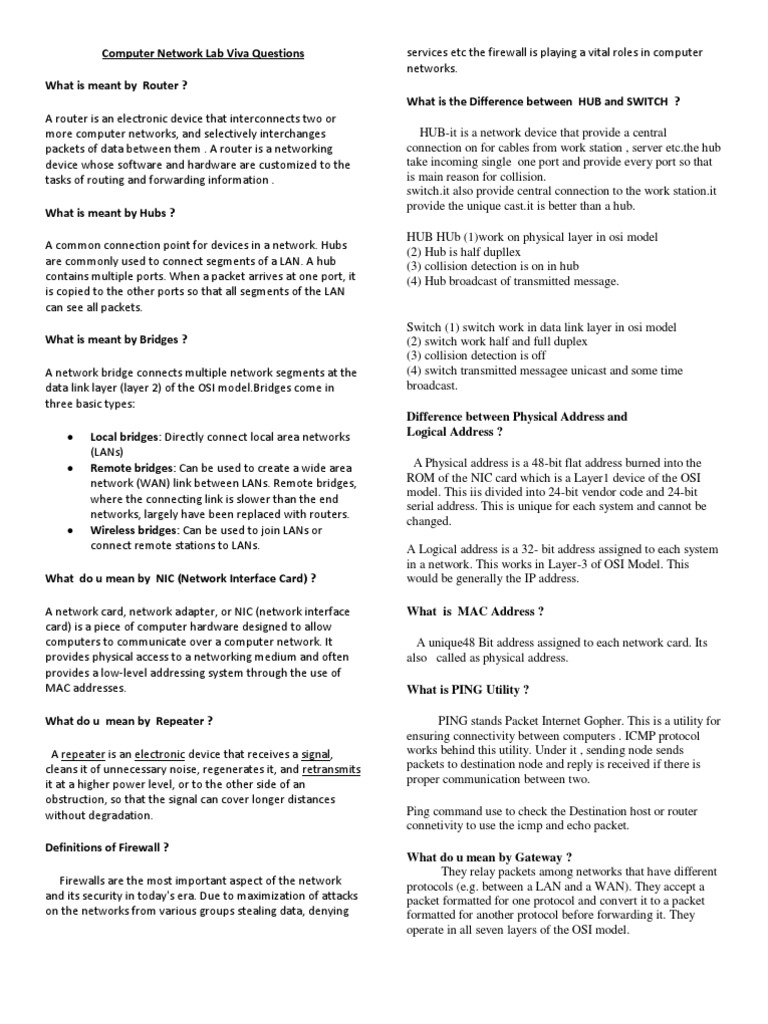 Computer Network Lab Viva Questions PDF Protocol Suite