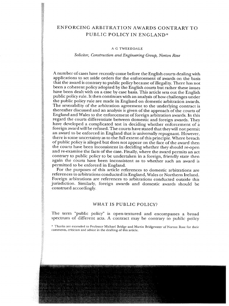 Enforcing Arbitration Awards Contrary To Public Policy in England PDF | PDF