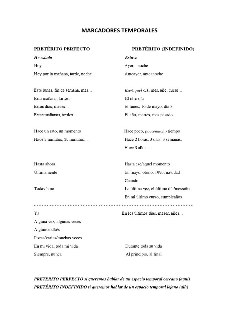 Marcadores Temporales de Pretérito y Perfecto | PDF