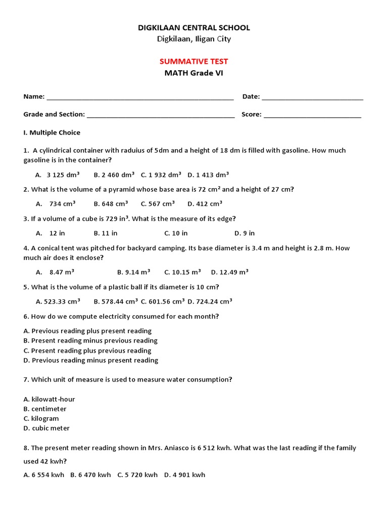 Grade VI Math Summative Test | PDF