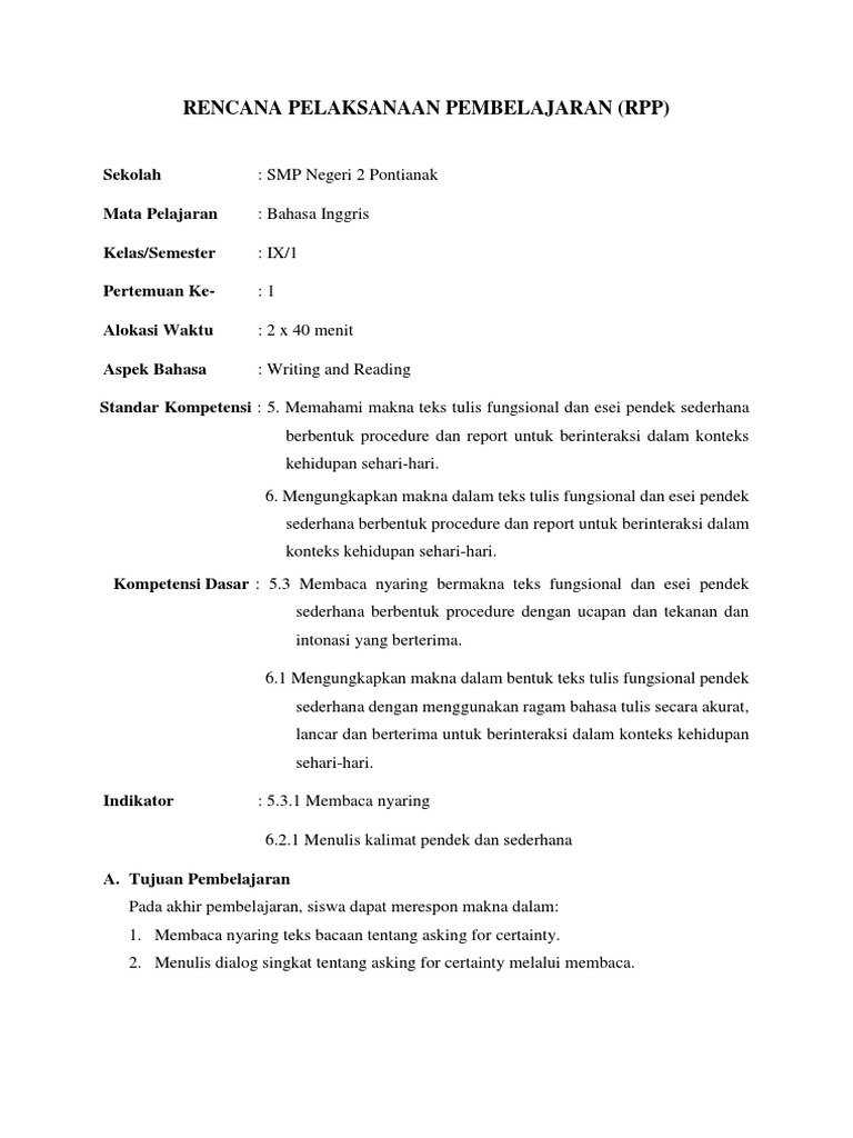 RPP Micro Teaching Bahasa Inggris SMP | PDF