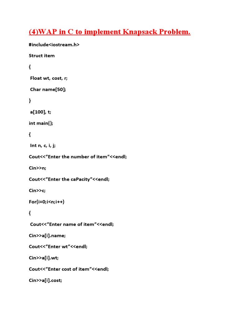 C Program for Knapsack Problem | PDF | Computers | Technology & Engineering