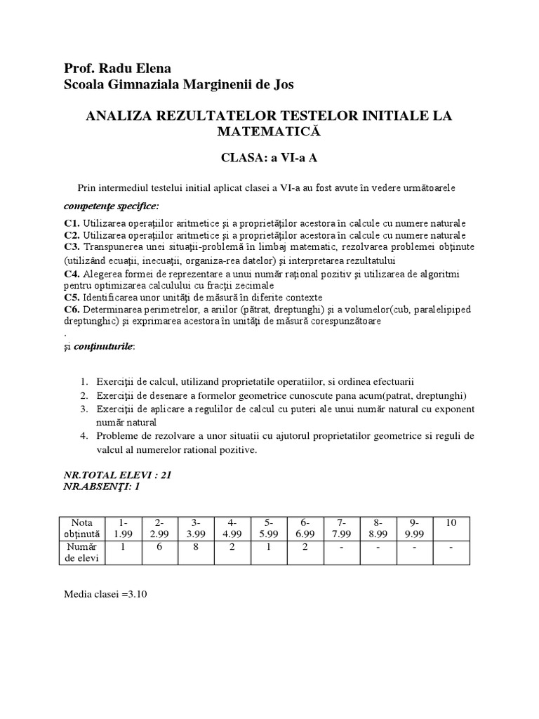 Interpretare Test Initial Clasa A VIa | PDF