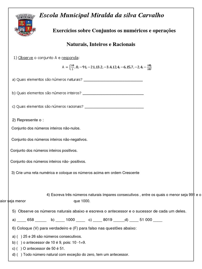 Atividades Sobre Conjuntos Numéricos | PDF