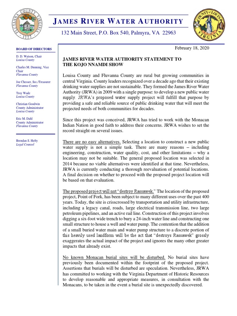 Statement from the James River Water Authority