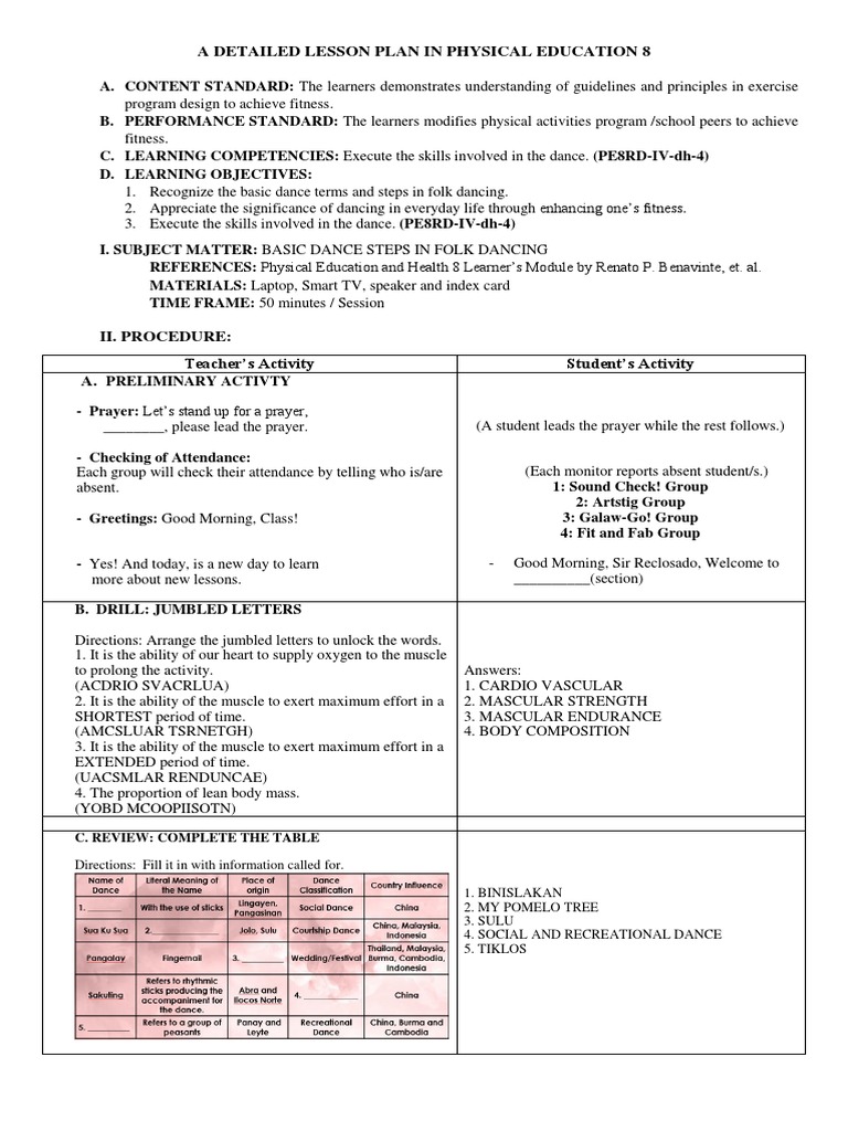 Physical Education 8: Folk Dance Lesson Plan | PDF