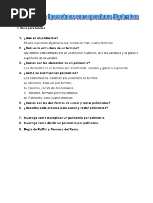 Ejercicio Expresiones Algebraicas Ejercicios General Pdf Numeros Relaciones Matematicas
