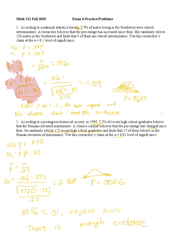 Math 112 Fall 2019 Practice Problemsfor Exam 4 | PDF | Null Hypothesis ...