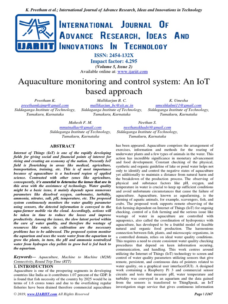 Aquaculture Monitoring and Control System An IoT Based Approach | PDF ...
