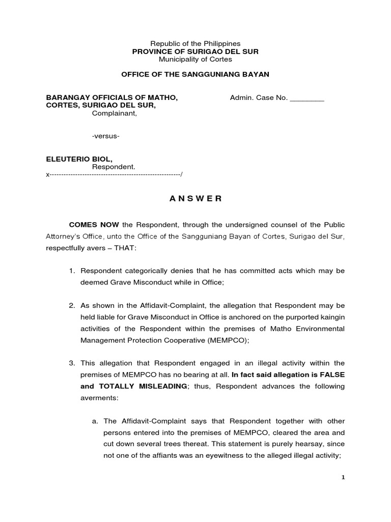 Sample Answer to Complaint for Grave Misconduct Affidavit Government