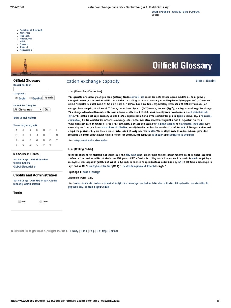 CationExchange Capacity Schlumberger Oilfield Glossary PDF Ion