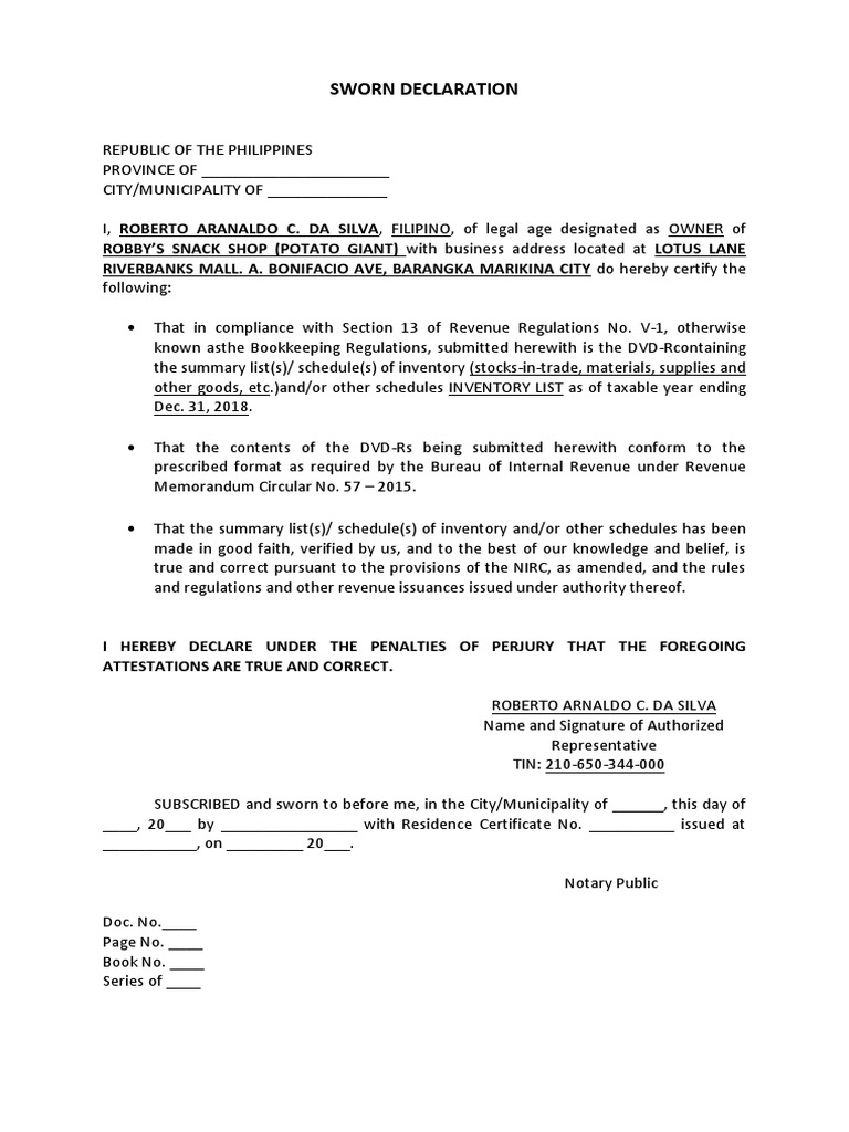 Sworn Inventory List PDF