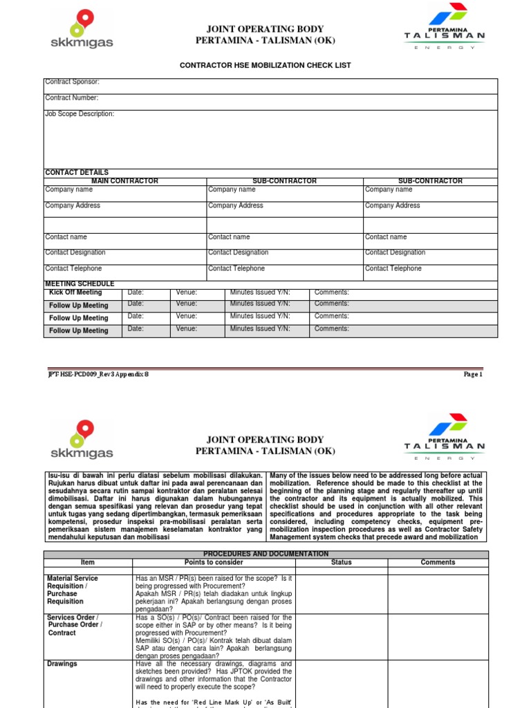 JPT-HSE-PCD009 Rev.3 Appendix 9 CONTRACTOR HSE MOBILIZATION CHECK LIST ...