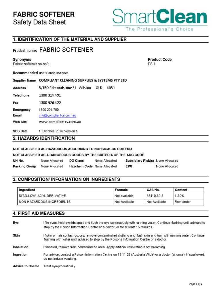 Fabric Softener SmartClean SDS PDF Toxicity Personal Protective