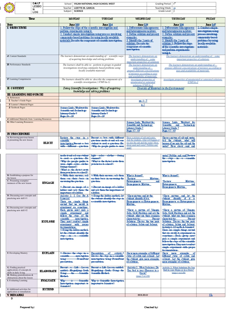Grade 7 Science Lesson Plan: Investigations | PDF | Homogeneity And ...