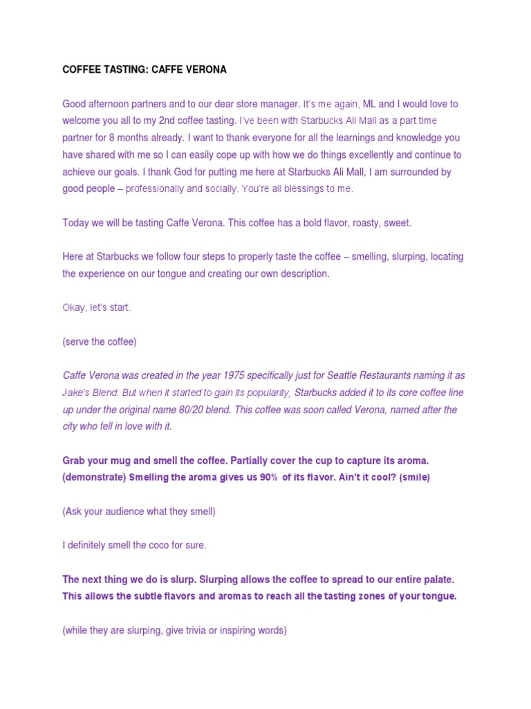 Coffee Tasting - Caffe Verona - June 2019 Script | PDF | Starbucks | Coffee