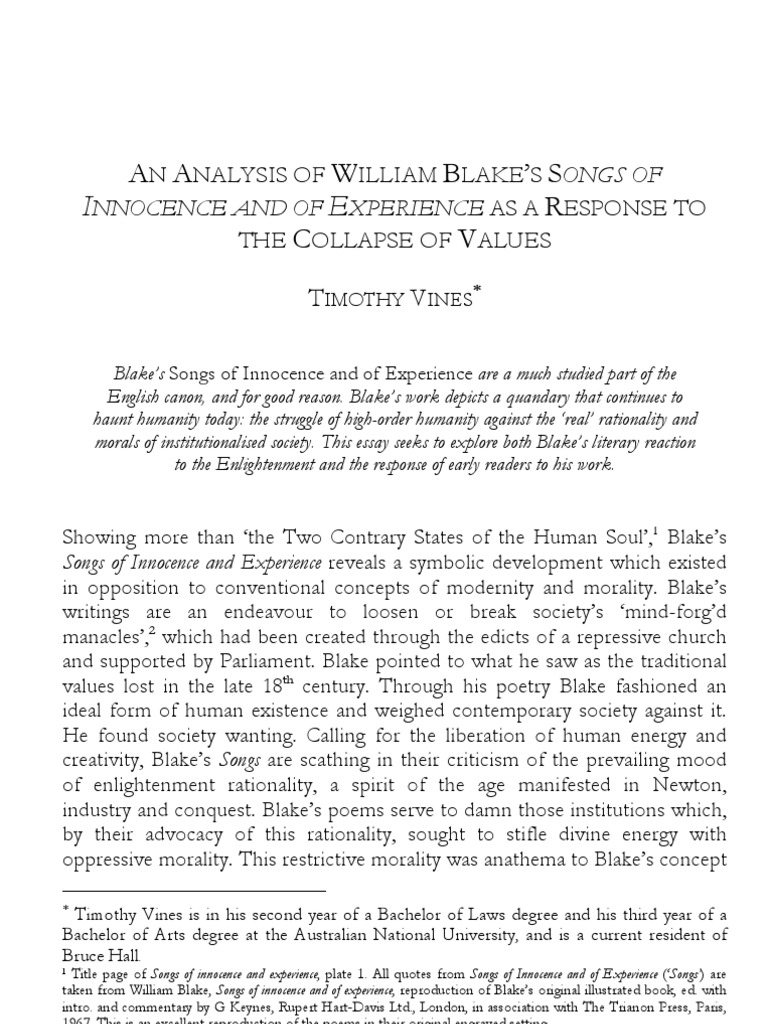 An Analysis Of William Blake S Songs Of Innocence And Experience Pdf William Blake Poetry