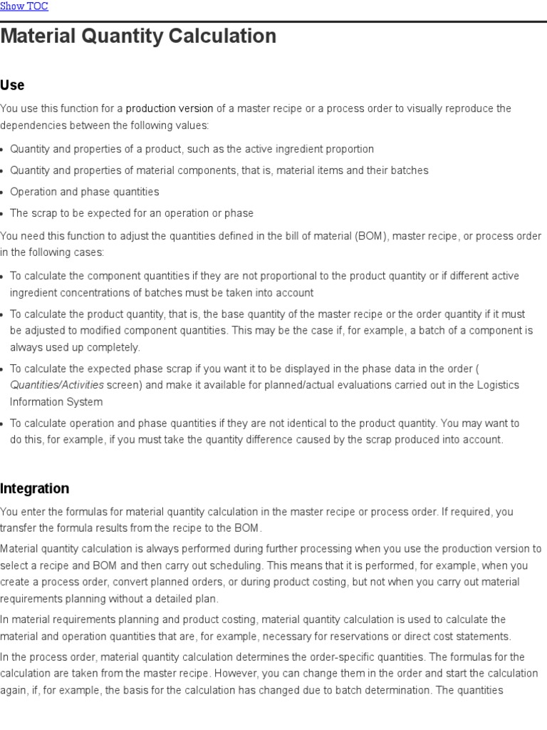 Material Quantity Calculation SAP Documentation PDF Function (Mathematics) Teaching