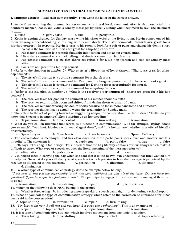 Summative Test in Oral Communication in Context | PDF | Conversation ...