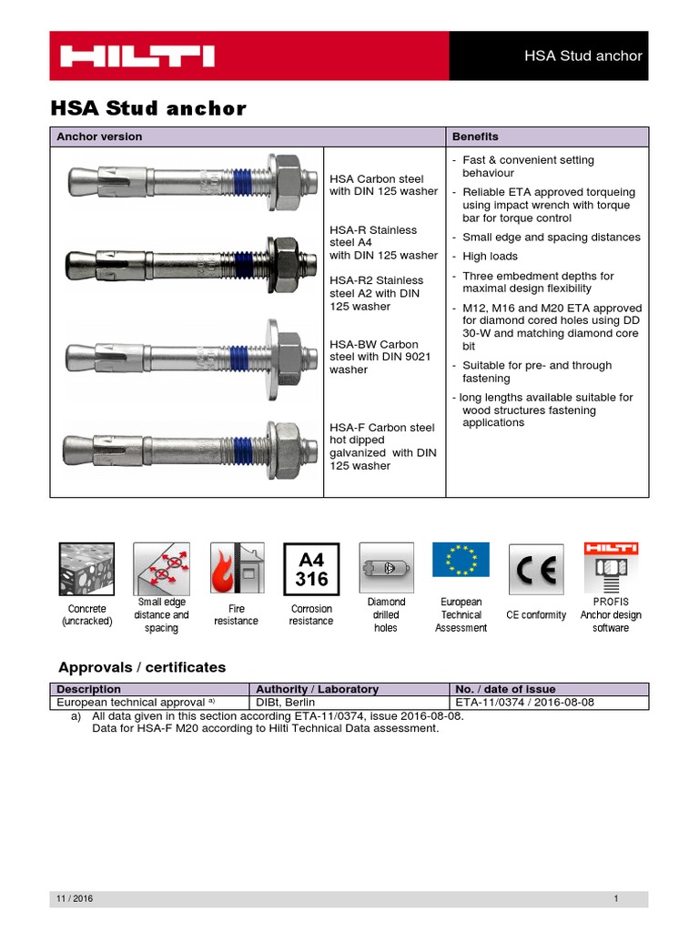 Technical Data Sheet For The HSA Stud Anchor Technical Information