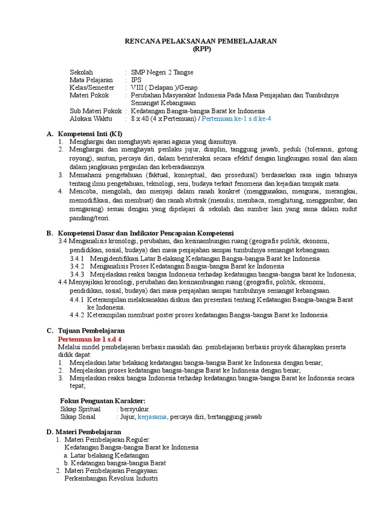 Rpp 11 K 13 Ips Kelas 8 Kedatangan Bangsa Bangsa Barat Ke Indonesia