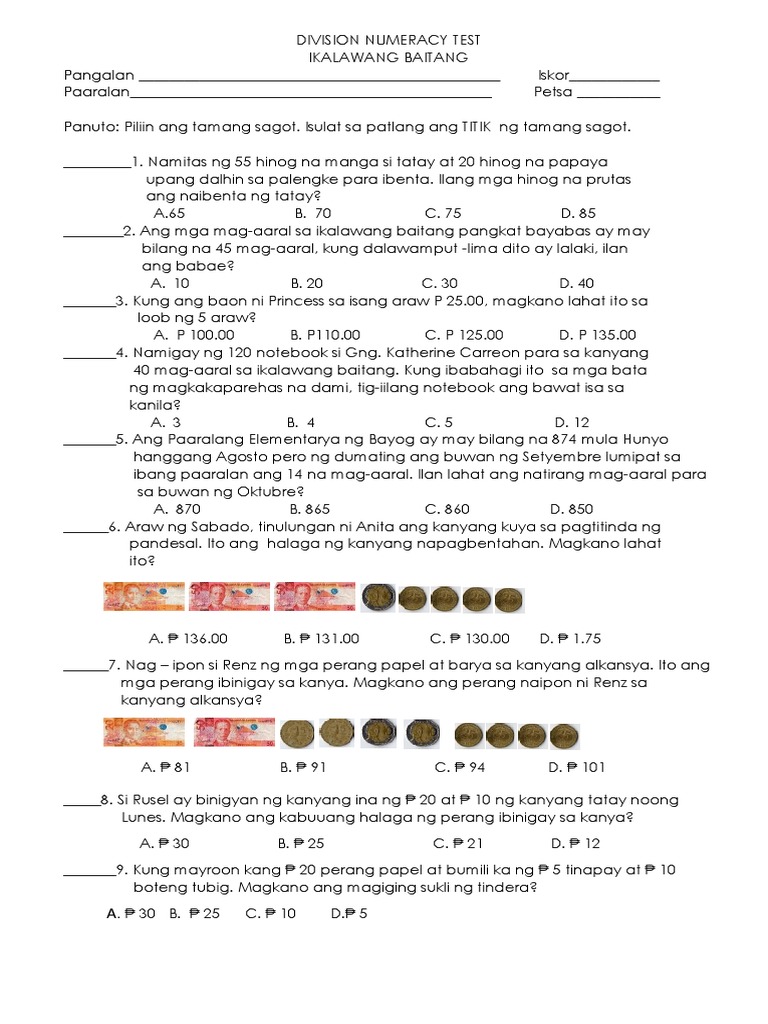 Division Numeracy Test Grade 2 Pdf