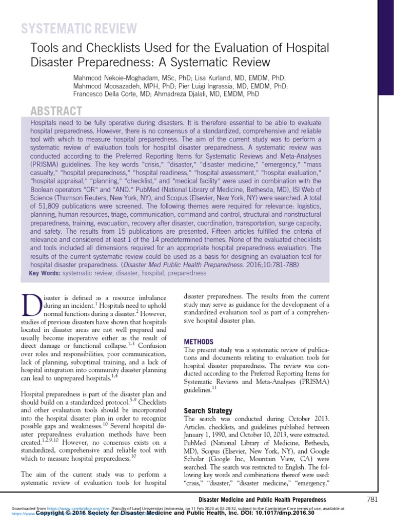 Tools and Checklists Used For The Evaluation of Hospital Disaster ...