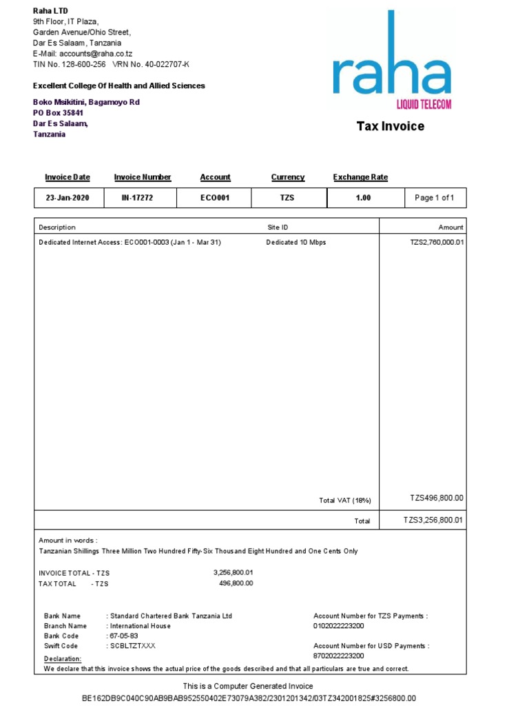 Invoice for Dedicated Internet | PDF