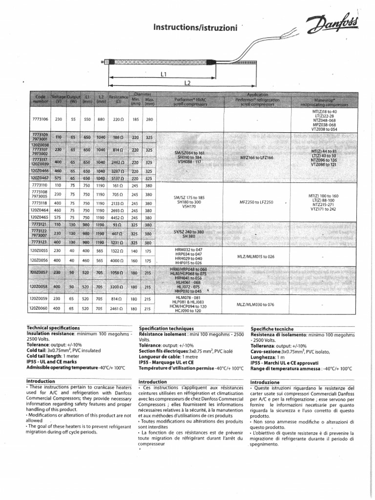 Danfoss Crankcase Heater Sheet PDF