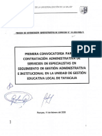 Primera Convocatoria para La Contratación de Servicios de Especialistas en Seguimiento de Gestión Administrativa e Institucional en La Unidad de Gestión Educativa Local de Tayacaja.